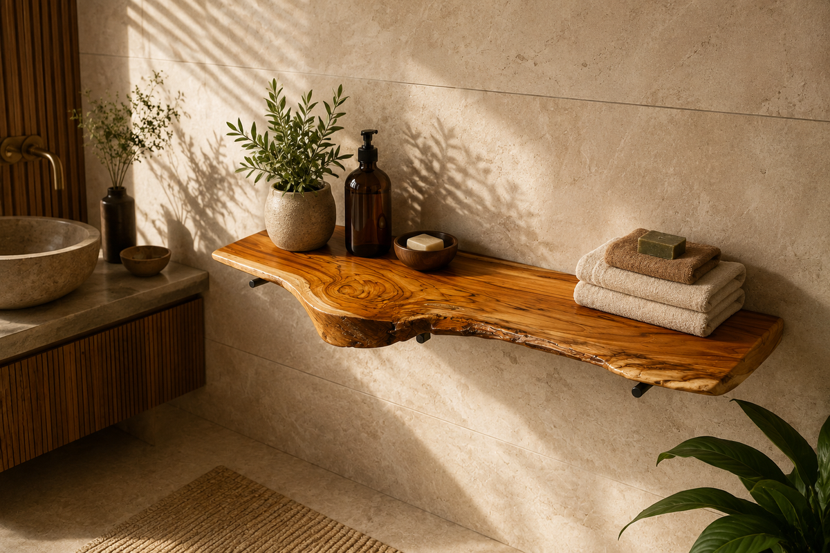 Handcrafted Live Edge Sangwan Teak Wood Floating Shelf | Natural Thick Solid Wood Floating Wall Shelf