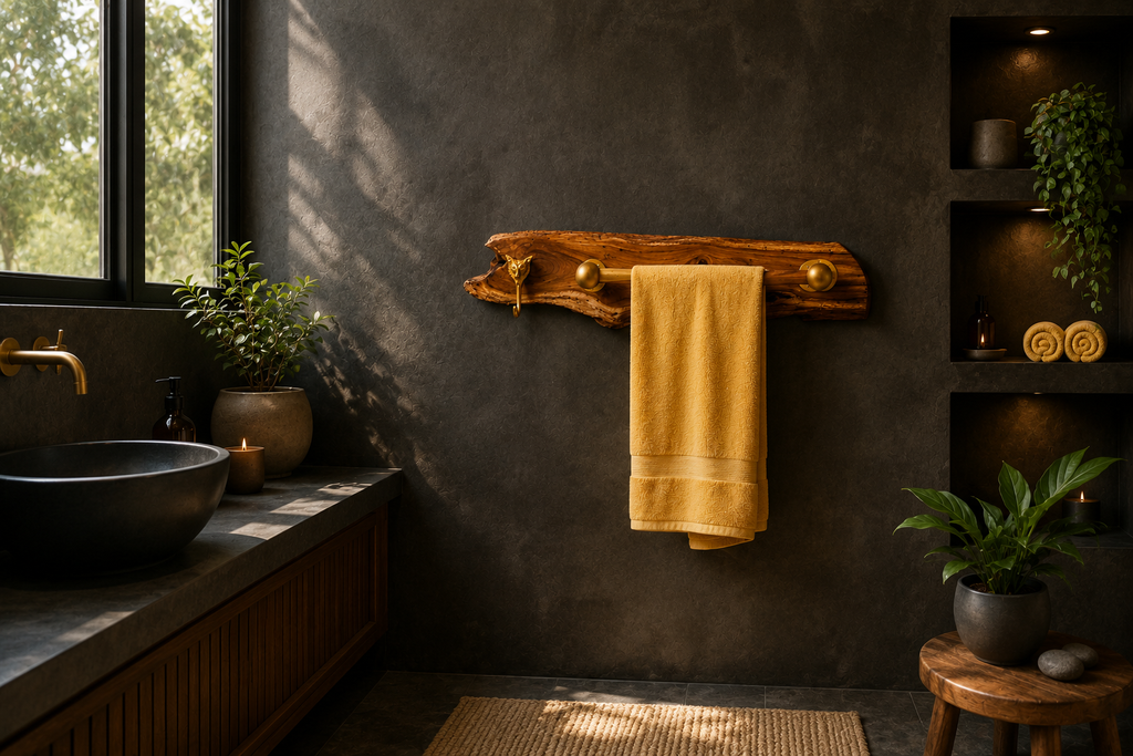 Teak Sangwan Wood Towel Bar with Tiger Face Brass Metal Hook | Highest Grade Solid Teak (Sagwan) Wood