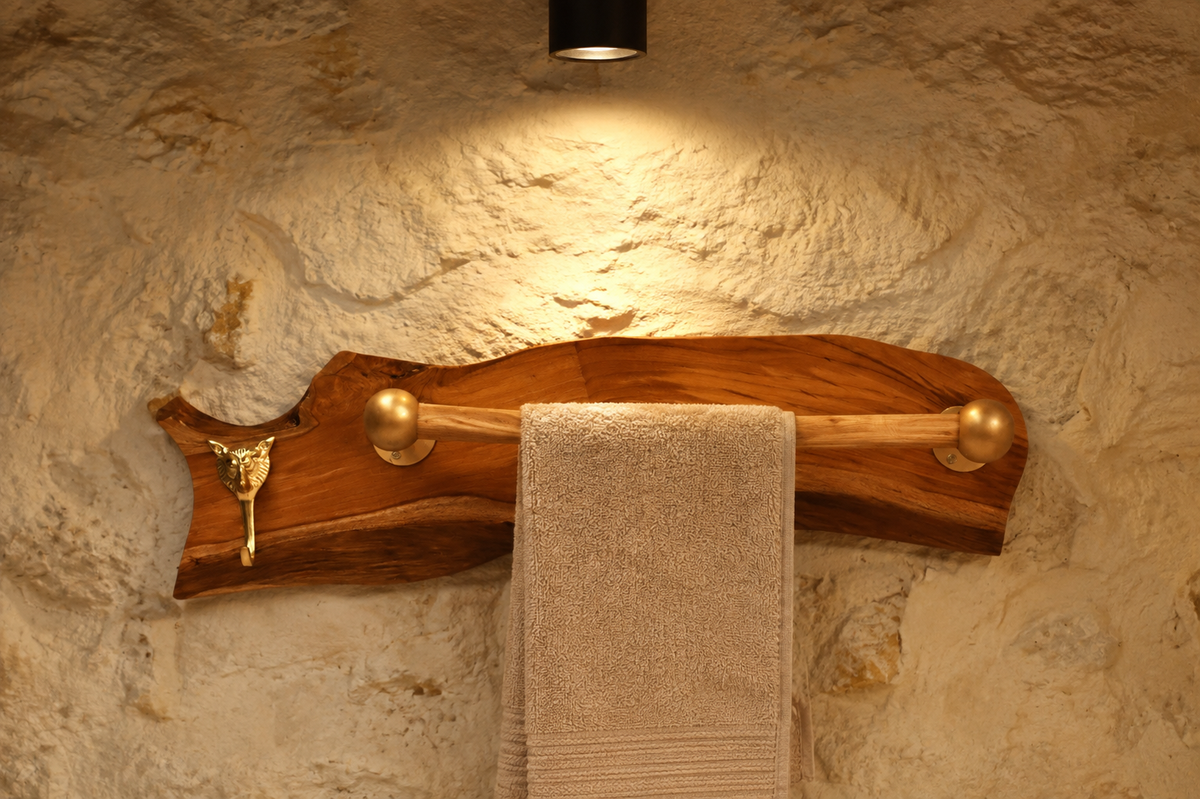 Teak Sangwan Wood Towel Bar with Tiger Face Brass Metal Hook | Highest Grade Solid Teak (Sagwan) Wood