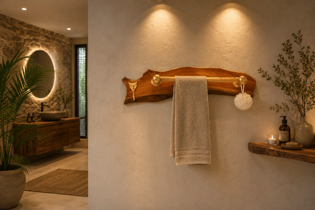 Teak Sangwan Wood Towel Bar with Tiger Face Brass Metal Hook | Highest Grade Solid Teak (Sagwan) Wood