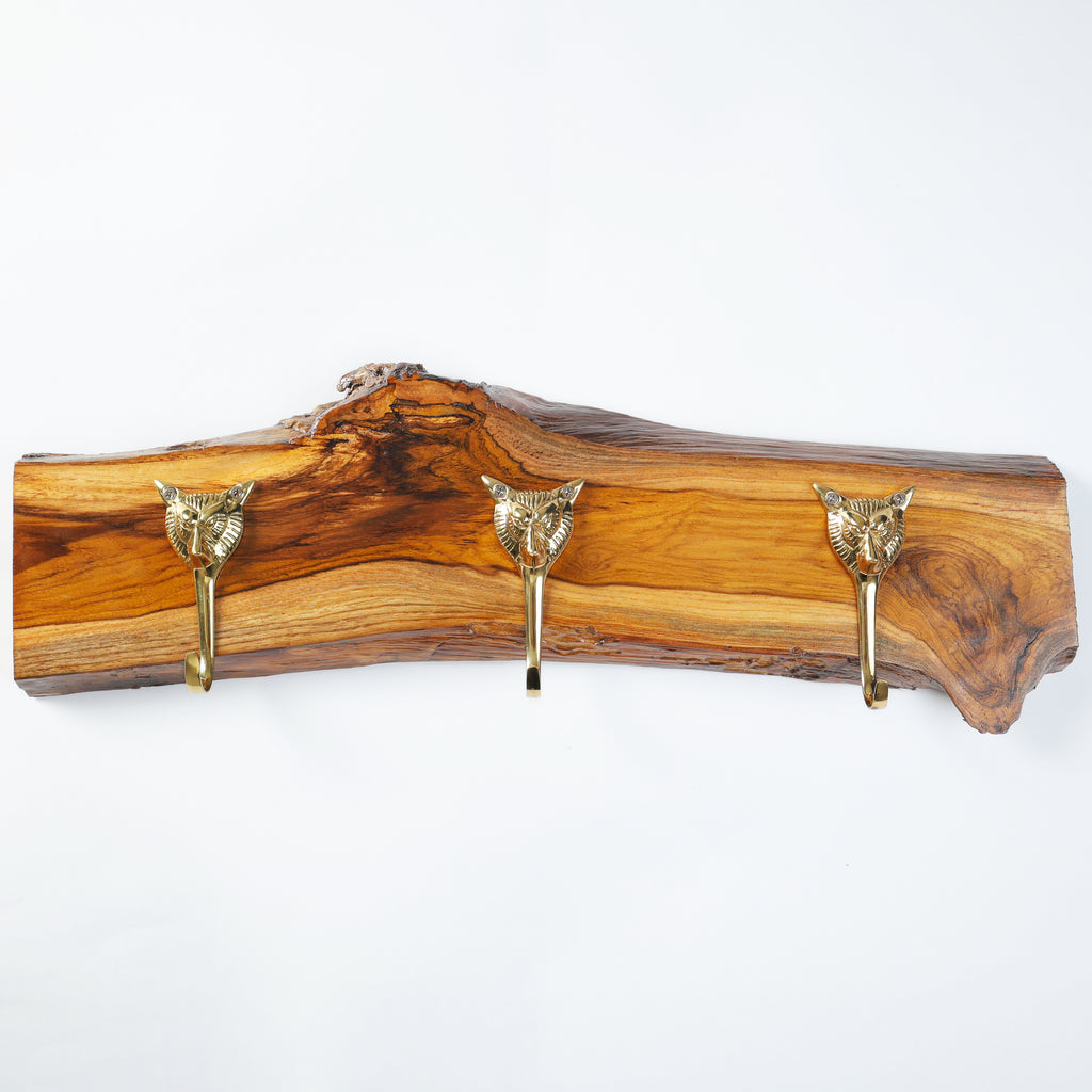 Handcrafted Live Edge Wooden Wall Rack with Coat Hooks and Towel Bar