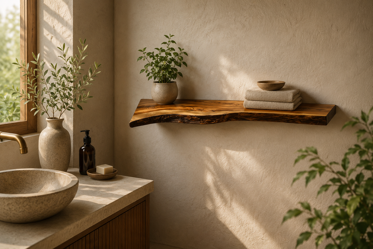 Handcrafted Live Edge Sangwan Teak Wood Floating Shelf | Natural Thick Solid Wood Floating Wall Shelf