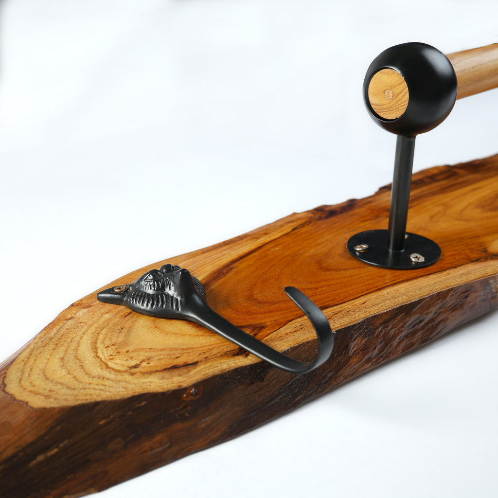 "The Quiet Curve " Natural Teak Wood Towel Bar Tiger Face Brass Metal Hook | Moisture Resistant Bathroom Towel Holder
