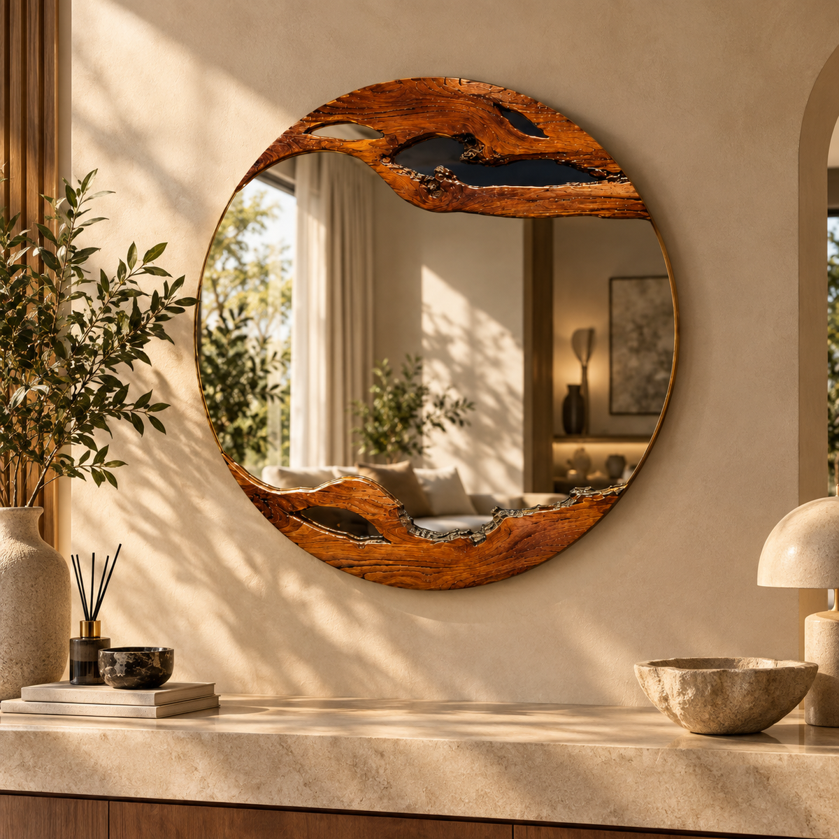 Handmade Live Edge Teak Sangwan  Wood Mirror: Rustic Home Decor