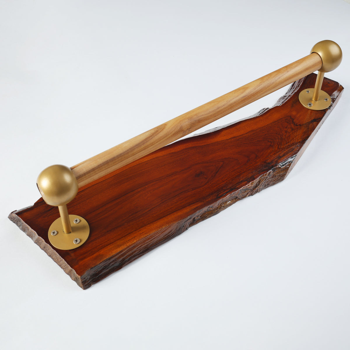 Handcrafted Live Edge Sangwan Wooden Towel Bar with Gold-Finished Accents