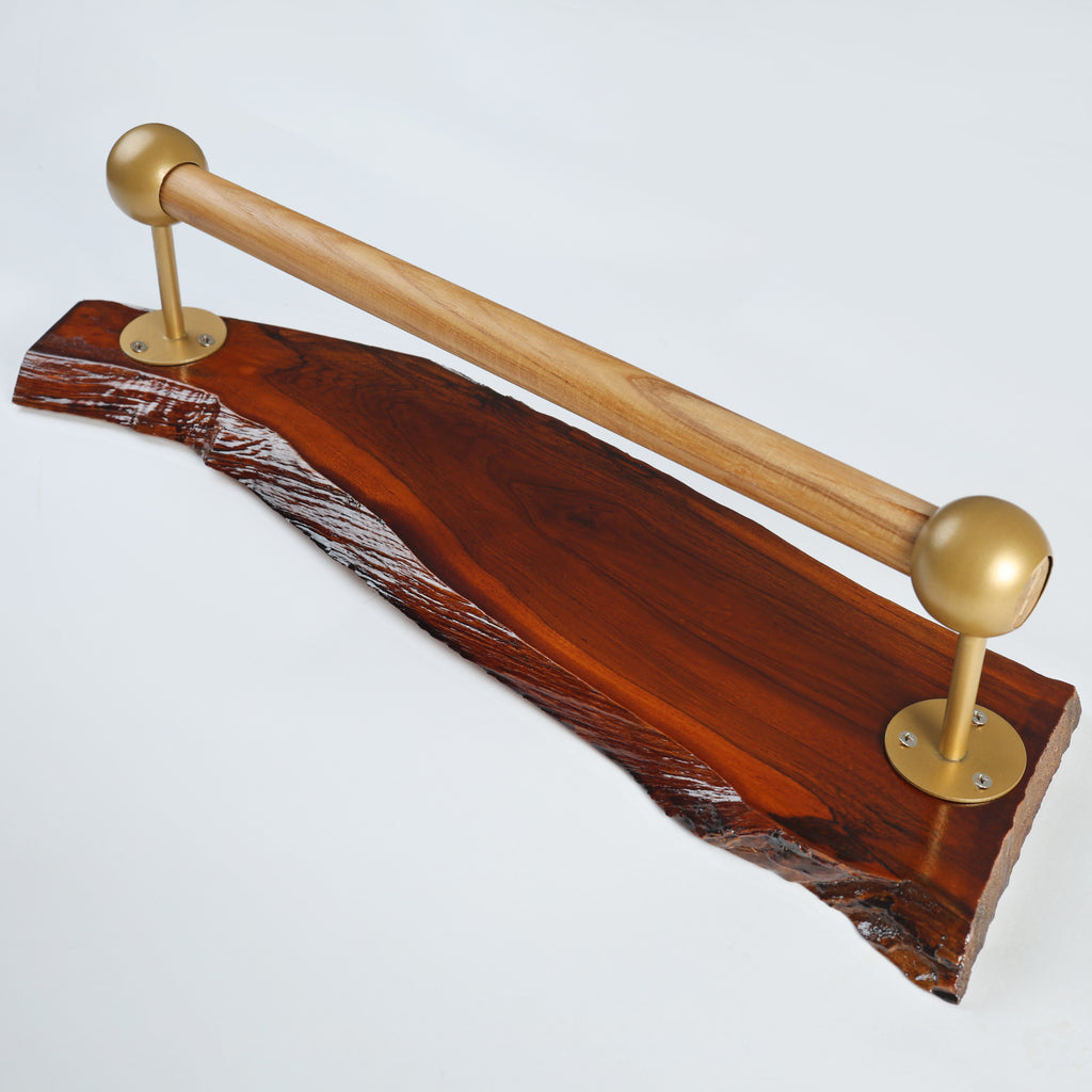 Handcrafted Live Edge Sangwan Wooden Towel Bar with Gold-Finished Accents