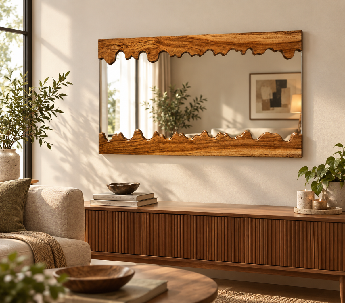Live Edge Teak Sangwan Wood Mirror – Handcrafted Wooden Wall Mirror