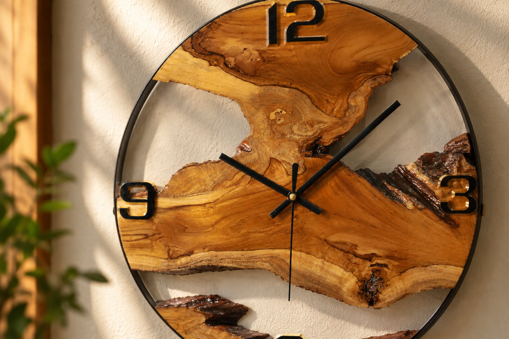 16-Inch Handmade Live Edge Sangwan Teak Wood Clock | Natural Solid Wood Wall Clock