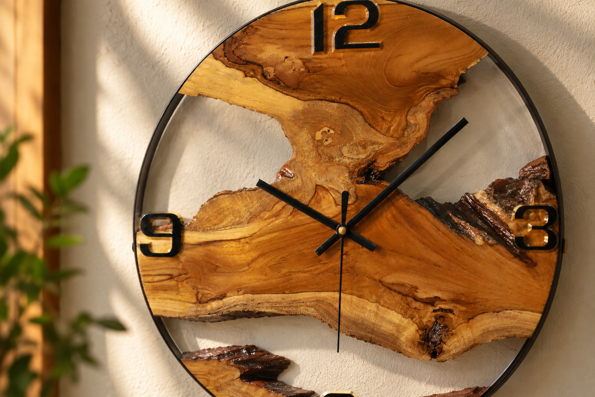 16-Inch Handmade Live Edge Sangwan Teak Wood Clock | Natural Solid Wood Wall Clock