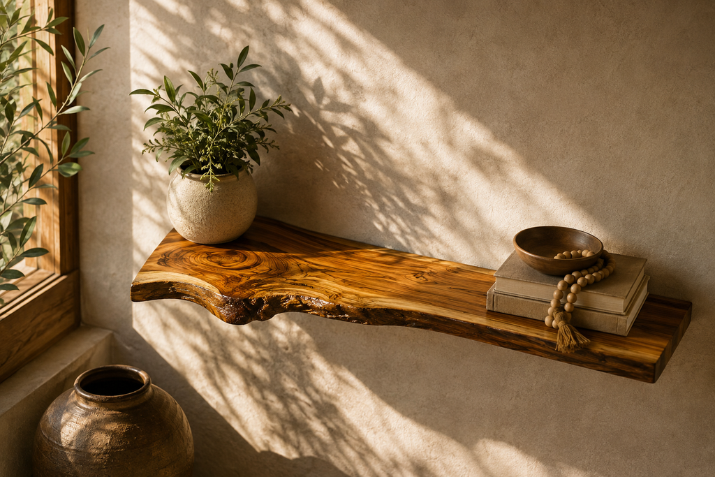 Handcrafted Live Edge Sangwan Teak Wood Floating Shelf | Natural Thick Solid Wood Floating Wall Shelf