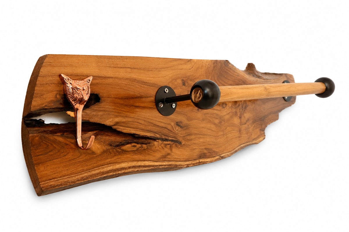 Teak Sangwan Wood Towel Bar with Tiger Face Brass Metal Hook | Highest Grade Solid Teak (Sagwan) Wood