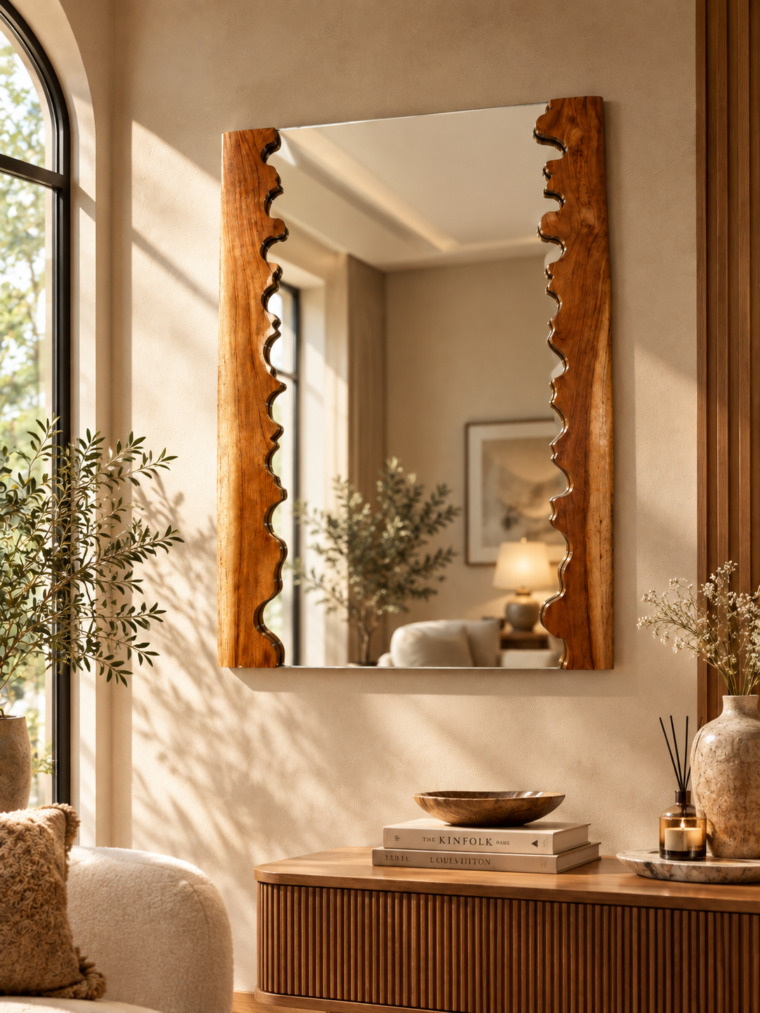 Live Edge Teak Sangwan Wood Mirror – Handcrafted Wooden Wall Mirror