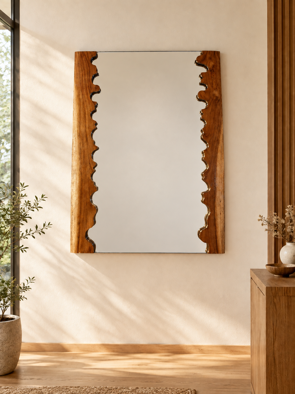 Live Edge Teak Sangwan Wood Mirror – Handcrafted Wooden Wall Mirror