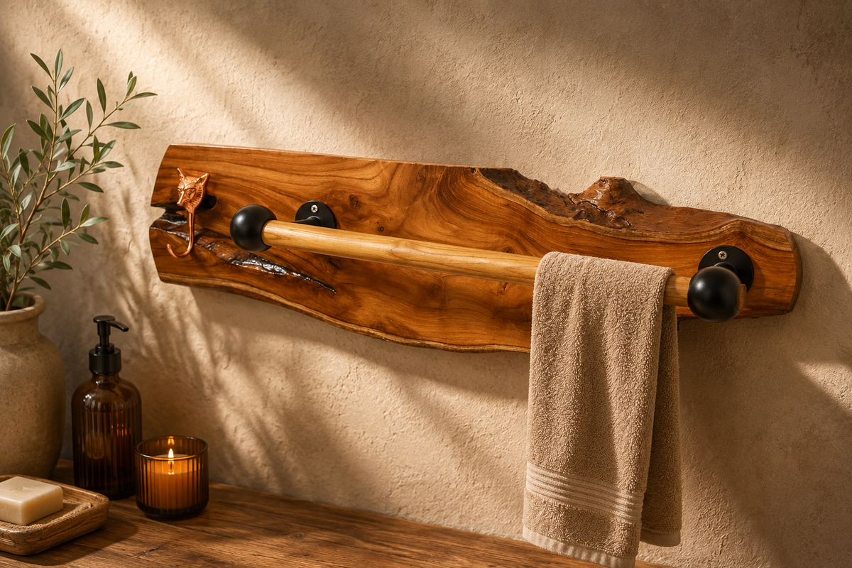 Teak Sangwan Wood Towel Bar with Tiger Face Brass Metal Hook | Highest Grade Solid Teak (Sagwan) Wood