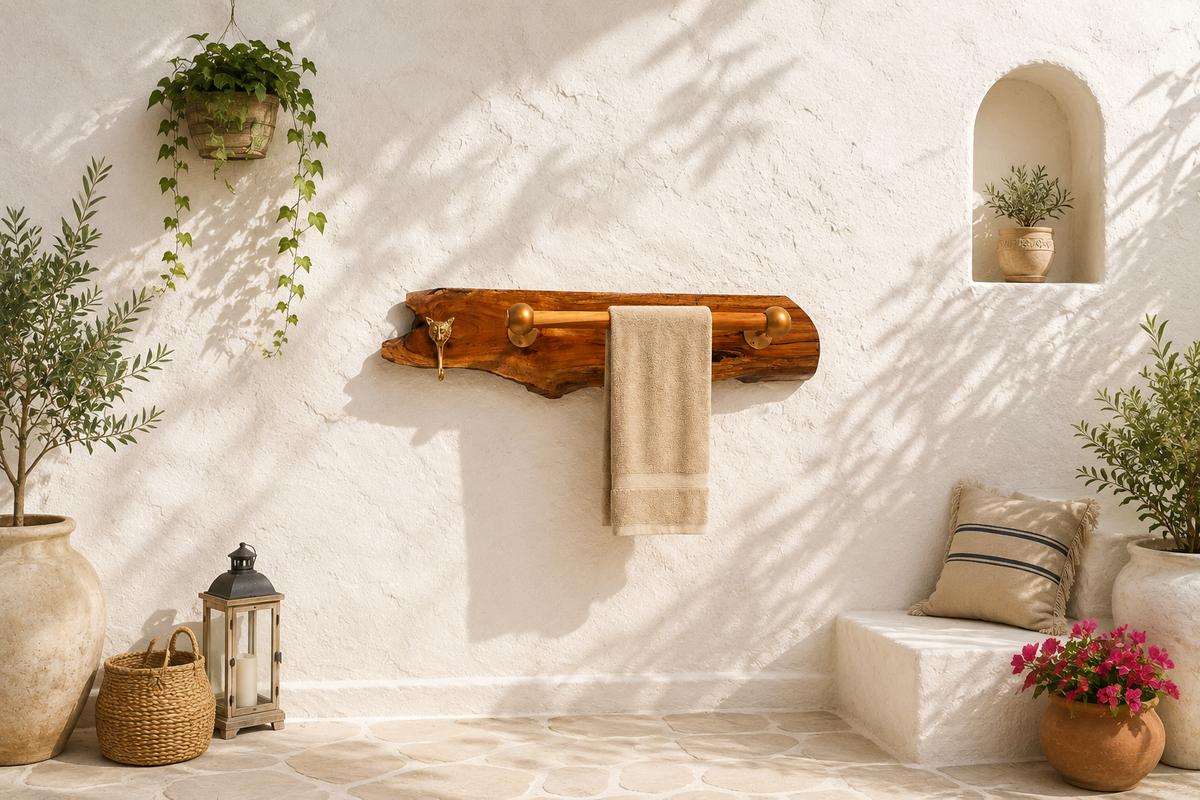 Teak Sangwan Wood Towel Bar with Tiger Face Brass Metal Hook | Highest Grade Solid Teak (Sagwan) Wood
