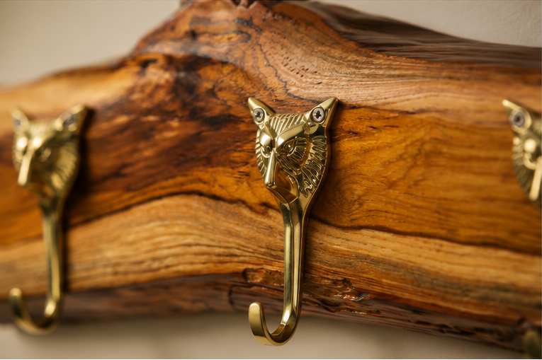 Handcrafted Live Edge Wooden Wall Rack with Coat Hooks and Towel Bar