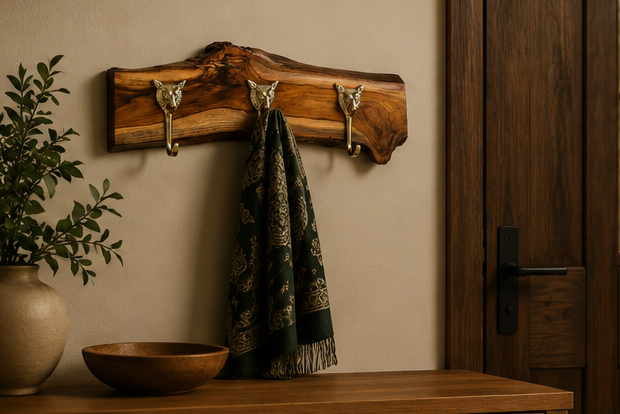 Handcrafted Live Edge Wooden Wall Rack with Coat Hooks and Towel Bar