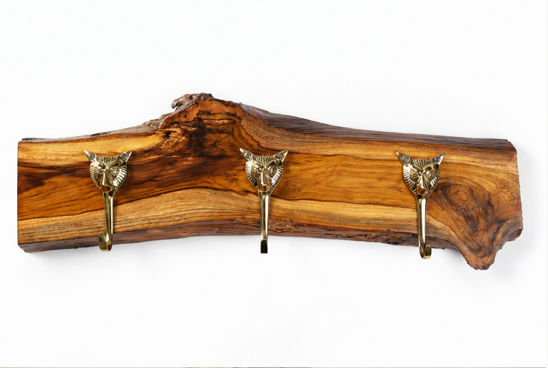 Handcrafted Live Edge Wooden Wall Rack with Coat Hooks and Towel Bar