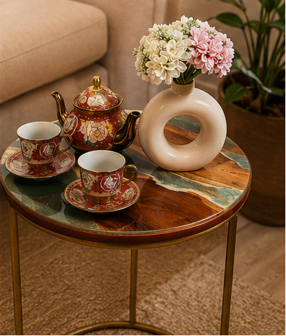 Artisan Teak Sangwan Wood River Side Table with Resin