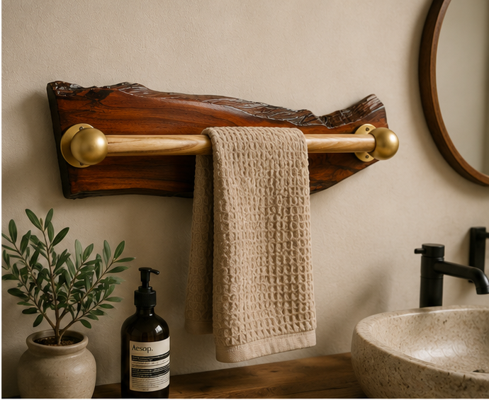 Handcrafted Live Edge Sangwan Wooden Towel Bar with Gold-Finished Accents
