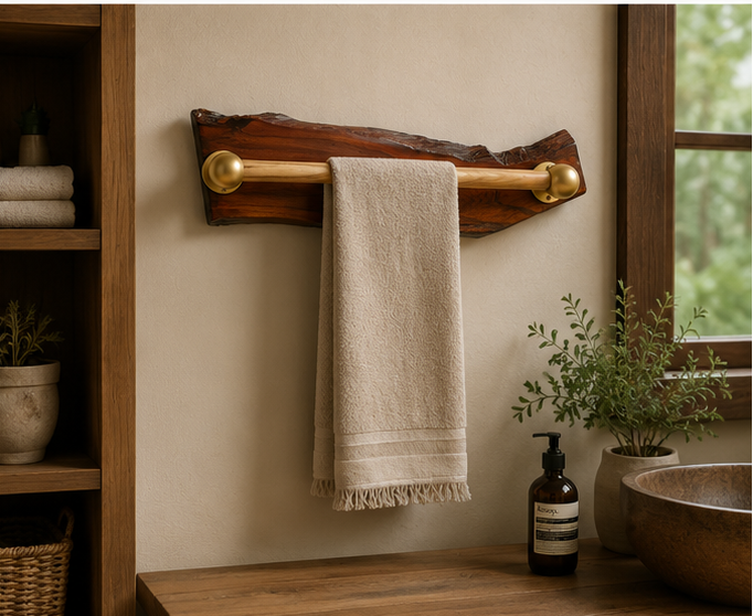 Handcrafted Live Edge Sangwan Wooden Towel Bar with Gold-Finished Accents