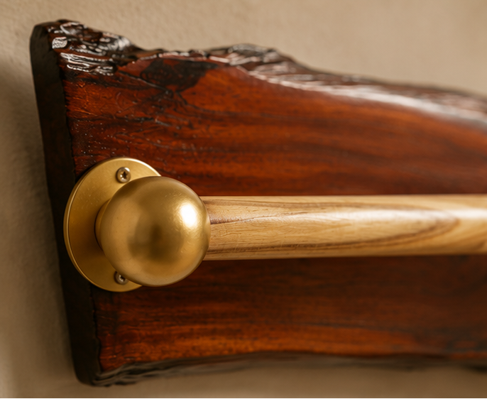 Handcrafted Live Edge Sangwan Wooden Towel Bar with Gold-Finished Accents