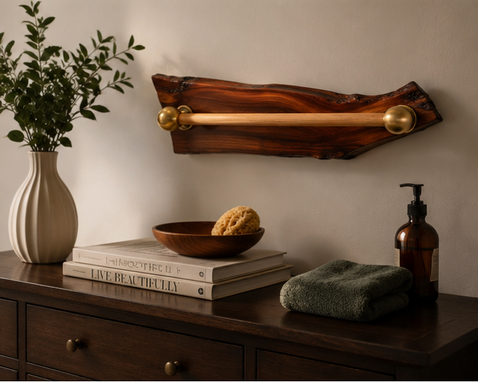 Handcrafted Live Edge Sangwan Wooden Towel Bar with Gold-Finished Accents