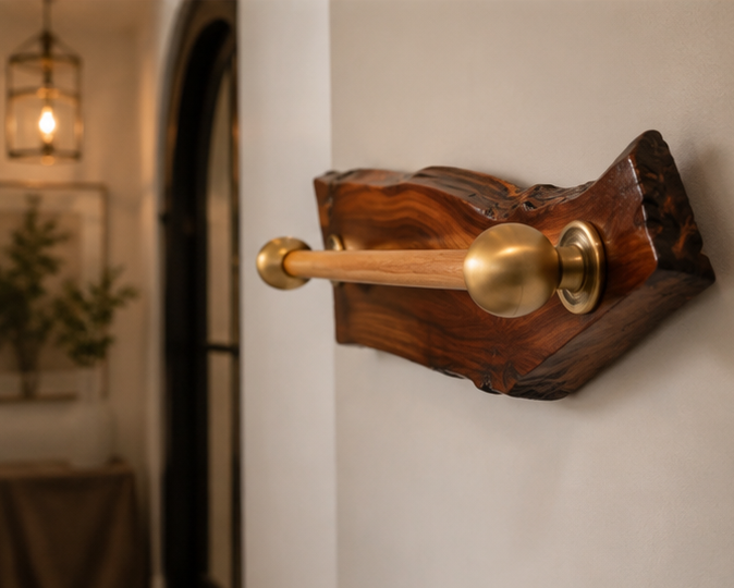 Handcrafted Live Edge Sangwan Wooden Towel Bar with Gold-Finished Accents
