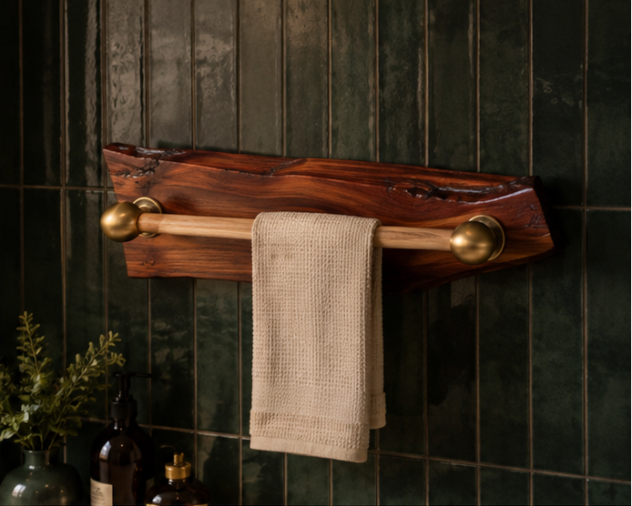 Handcrafted Live Edge Sangwan Wooden Towel Bar with Gold-Finished Accents