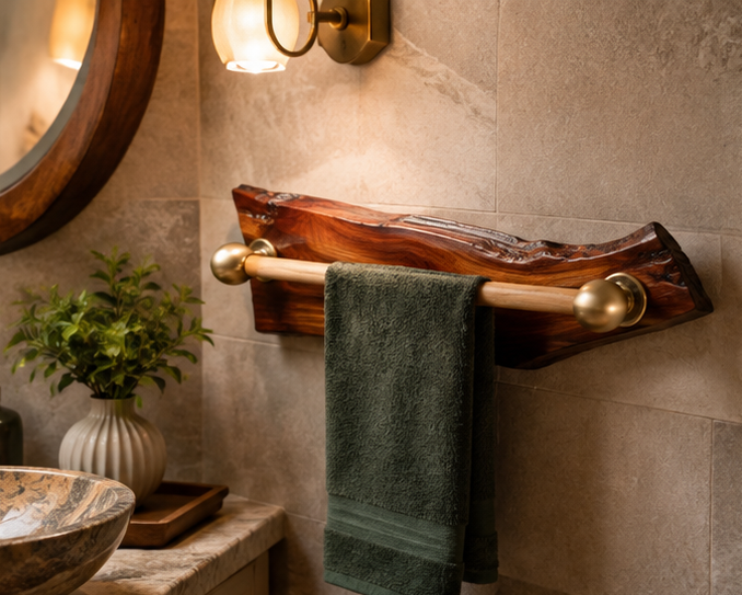 Handcrafted Live Edge Sangwan Wooden Towel Bar with Gold-Finished Accents