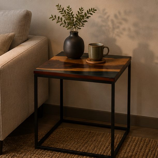 “The Duality” – Luxury 2-Piece Nesting Coffee Table Set | Natural Teak Sangwan Wood & Black Metal |