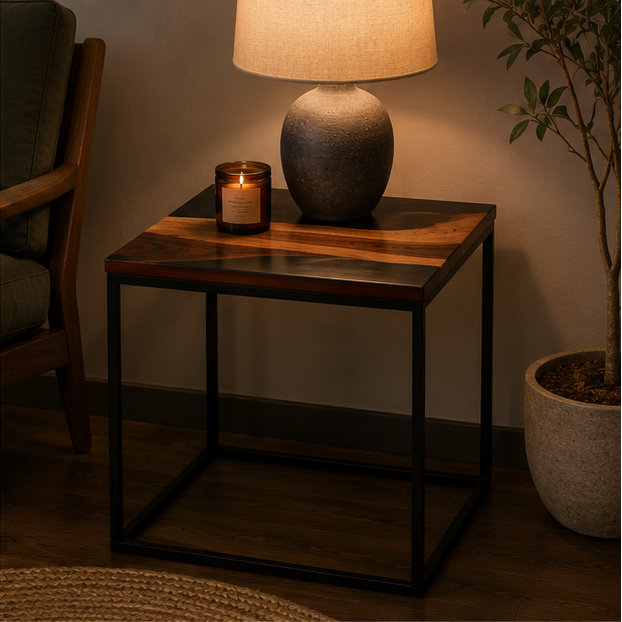 “The Duality” – Luxury 2-Piece Nesting Coffee Table Set | Natural Teak Sangwan Wood & Black Metal |