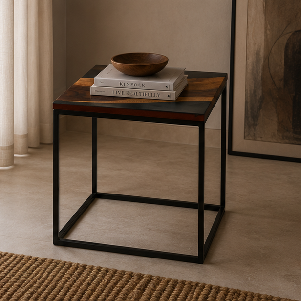“The Duality” – Luxury 2-Piece Nesting Coffee Table Set | Natural Teak Sangwan Wood & Black Metal |