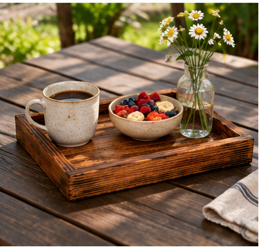 Rustic Wooden Tray with Burnt Wood Effect | Handmade Look Decorative & Serving Tray