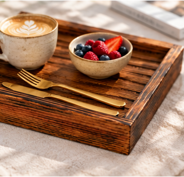 Rustic Wooden Tray with Burnt Wood Effect | Handmade Look Decorative & Serving Tray
