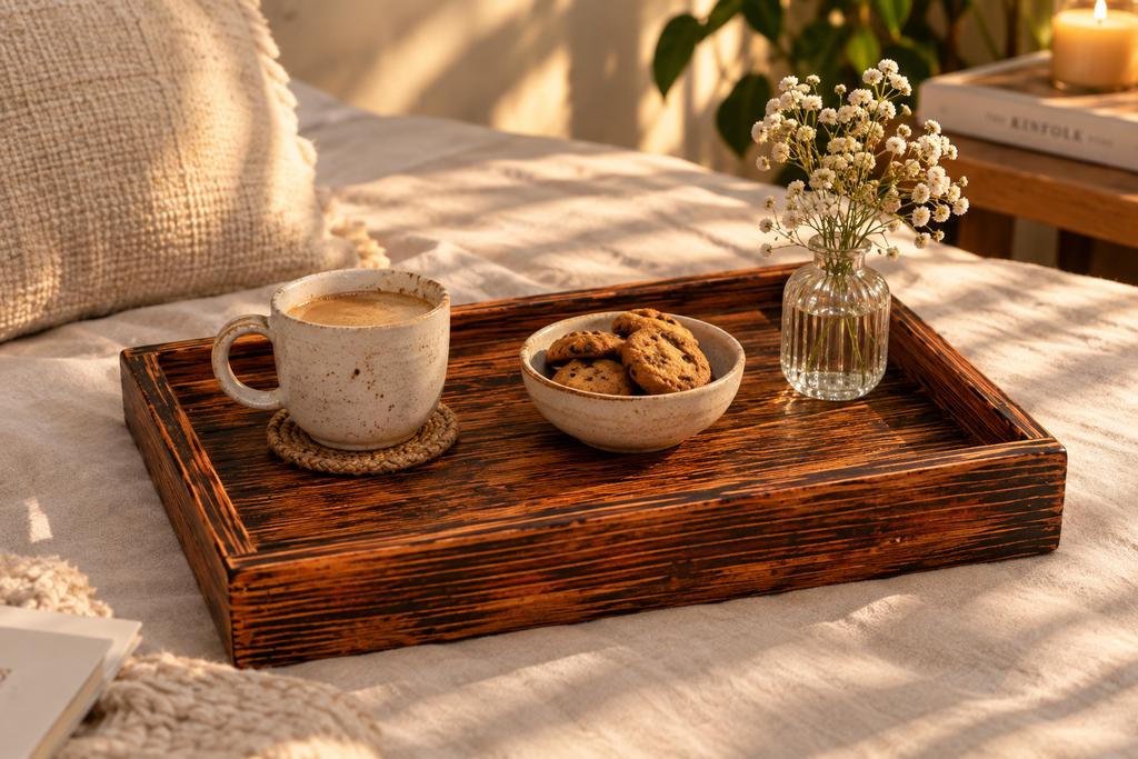 Rustic Wooden Tray with Burnt Wood Effect | Handmade Look Decorative & Serving Tray
