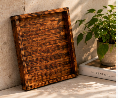Rustic Wooden Tray with Burnt Wood Effect | Handmade Look Decorative & Serving Tray