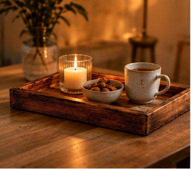 Rustic Wooden Tray with Burnt Wood Effect | Handmade Look Decorative & Serving Tray