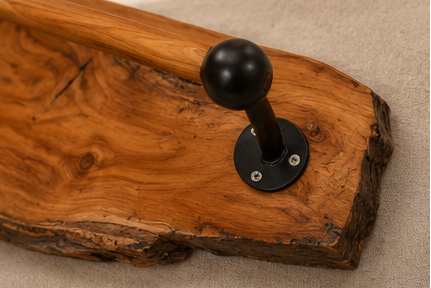 Teak Sangwan Wood Towel Bar with Tiger Face Brass Metal Hook | Highest Grade Solid Teak (Sagwan) Wood