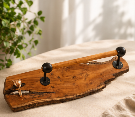 Teak Sangwan Wood Towel Bar with Tiger Face Brass Metal Hook | Highest Grade Solid Teak (Sagwan) Wood