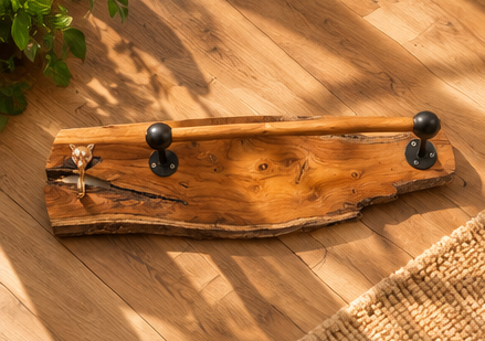 Teak Sangwan Wood Towel Bar with Tiger Face Brass Metal Hook | Highest Grade Solid Teak (Sagwan) Wood