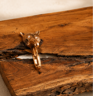 Teak Sangwan Wood Towel Bar with Tiger Face Brass Metal Hook | Highest Grade Solid Teak (Sagwan) Wood