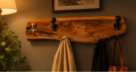 Teak Sangwan Wood Towel Bar with Tiger Face Brass Metal Hook | Highest Grade Solid Teak (Sagwan) Wood