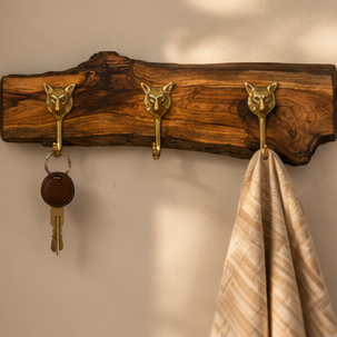 Handcrafted Solid Teak Sangwan Wood Coat Rack with Tiger Brass Hooks