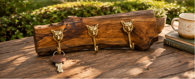 Handcrafted Solid Teak Sangwan Wood Coat Rack with Tiger Brass Hooks