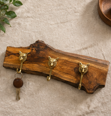Handcrafted Solid Teak Sangwan Wood Coat Rack with Tiger Brass Hooks