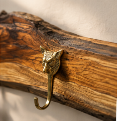 Handcrafted Solid Teak Sangwan Wood Coat Rack with Tiger Brass Hooks