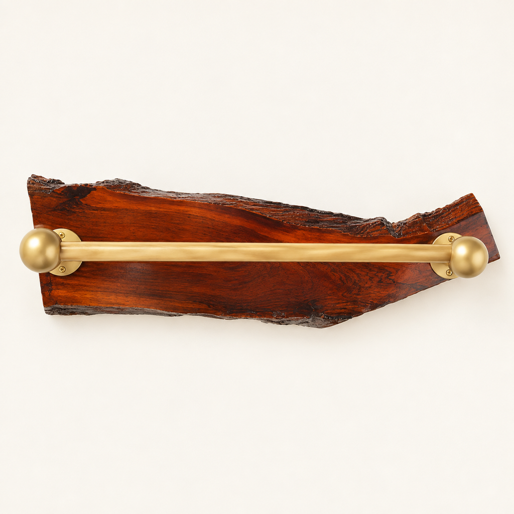 Handcrafted Live Edge Sangwan Wooden Towel Bar with Gold-Finished Accents