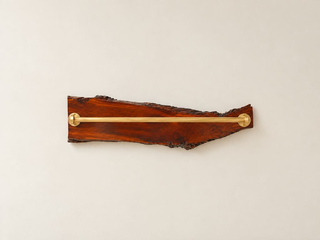 Handcrafted Live Edge Sangwan Wooden Towel Bar with Gold-Finished Accents