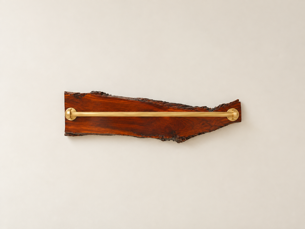 Handcrafted Live Edge Sangwan Wooden Towel Bar with Gold-Finished Accents